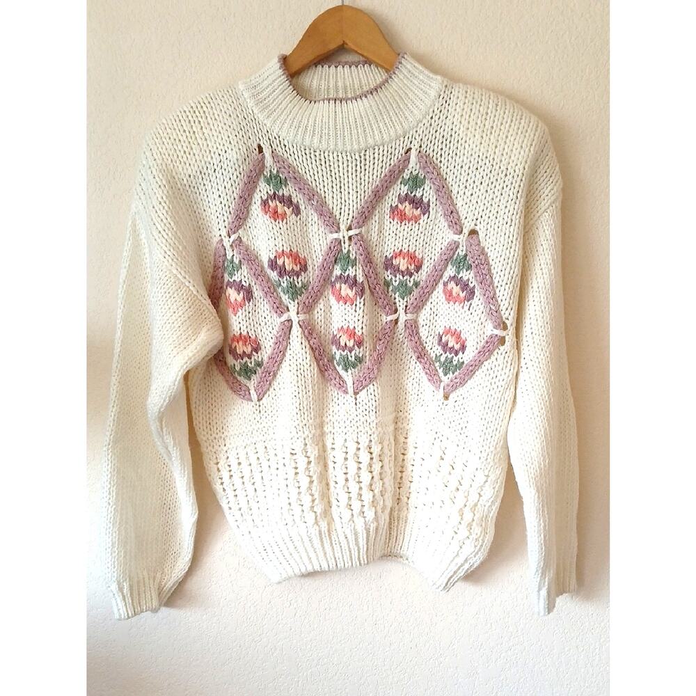 Vintage Margules Grannycore Sweater Floral Yarn Pattern Shoulder pads
